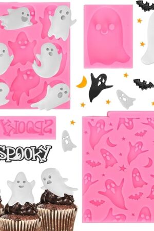 Whaline 4 Packs Halloween Ghost Fondant Silicone Molds Cute Spooky Ghost Chocolate Candy Mould for Halloween Kitchen Party Baking Crafts Decor Supplies
