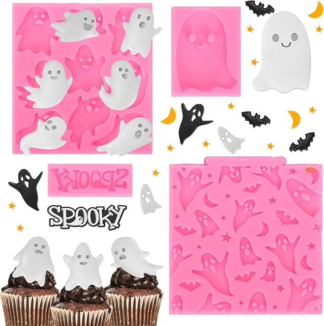 Whaline 4 Packs Halloween Ghost Fondant Silicone Molds Cute Spooky Ghost Chocolate Candy Mould for Halloween Kitchen Party Baking Crafts Decor Supplies