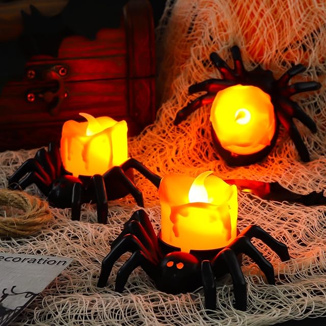 6PCS Halloween Spider Tea Lights Decoration, Halloween Flameless LED Candle Holder Lights Battery Operated for Halloween Party Table Home Spooky Decor (Orange)