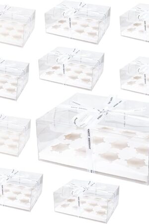 10 Pack Clear Cupcake Boxes, 12 Counts Cupcake Containers with Gift Ribbon, Plastic Cupcake Carrier Holder for Treat Dessert Cookies Muffins Pastry Baby Shower Party