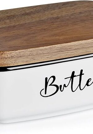 Butter Dish with Lid, ALELION Large Ceramic Butter Dish for Countertop, Butter Keeper with Thick Acacia Wood Lid, Kitchen Decor and Accessories for Kitchen Gifts, White