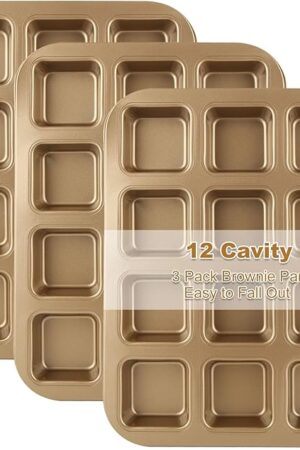 3 Pack Brownie Pan with Dividers 12 Cavity Square Muffin Pans Nonstick All Edges Brownie Pan, Baking Pan for Cornbread, Cupcakes, Tart, Muffin Cakes, Cookie, Bread (Gold)