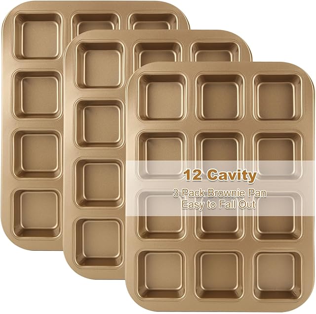 3 Pack Brownie Pan with Dividers 12 Cavity Square Muffin Pans Nonstick All Edges Brownie Pan, Baking Pan for Cornbread, Cupcakes, Tart, Muffin Cakes, Cookie, Bread (Gold)