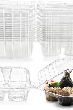 Coloch 50 Pack Clear Cupcake Box, 4 Cavity Plastic Cupcake Holder with Deep Dome Disposable 4-Compartment Muffin Container Bakery Carrying Box for Bakery, Cupcake, Muffin