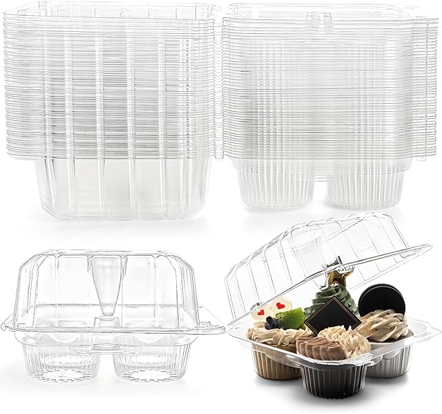 Coloch 50 Pack Clear Cupcake Box, 4 Cavity Plastic Cupcake Holder with Deep Dome Disposable 4-Compartment Muffin Container Bakery Carrying Box for Bakery, Cupcake, Muffin