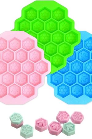 3Pcs Honeycomb Bees Silicone Molds, XJMWXHFC 19 Cavities Chocolate Molds, Food Grade Silicone Baking Molds, Non-Stick Cake Mold for Chocolate, Candy, Jelly, Ice Cube, Mini Cakes (Pink, Green, Blue)