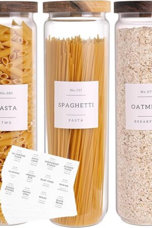 3 Set Glass Pantry Storage Jars with Acacia Airtight Lid - 50oz Thicken Glass Kitchen Canisters with 132 Pantry Labels - Tall Food Storage Containers with Wood Lid for Pasta,Spaghetti,Cereal