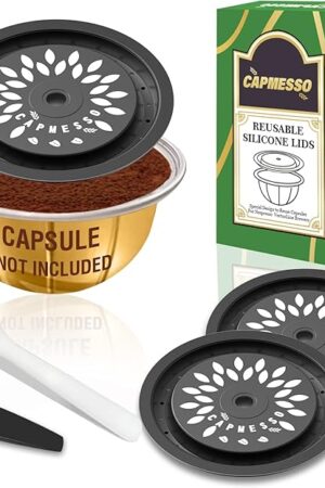 CAPMESSO Reusable Coffee Capsule Lids for Reusable Nespresso Pods Vertuo, Food Grade Silicone Caps for Any Sizes of Refillable Vertuo Pods with Scoop and Brush(3PCS Silicone Caps)