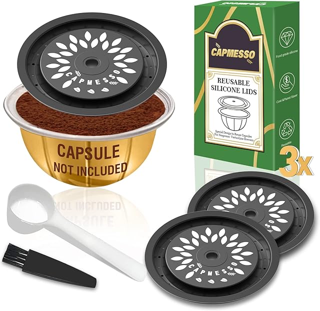 CAPMESSO Reusable Coffee Capsule Lids for Reusable Nespresso Pods Vertuo, Food Grade Silicone Caps for Any Sizes of Refillable Vertuo Pods with Scoop and Brush(3PCS Silicone Caps)