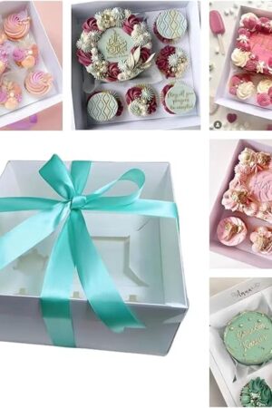 Bento Cake and Cupcake Box 2-in-1 4-inch Cake and 5 Cupcakes Box 5 Sets with One Wide Roll of Ribbon for Family Dinner Birthday Party Picnic Gift (TB02)