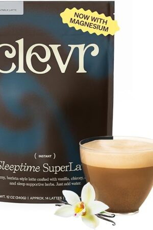 Clevr Blends Sleeptime SuperLatte, Magnesium Sleep Drink with Ashwagandha, L-Theanine & Adaptogens, Caffeine-Free Instant Tea & Superfood Latte Powder, 14 Servings