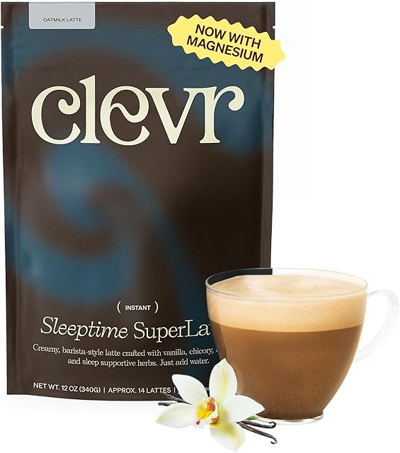 Clevr Blends Sleeptime SuperLatte, Magnesium Sleep Drink with Ashwagandha, L-Theanine & Adaptogens, Caffeine-Free Instant Tea & Superfood Latte Powder, 14 Servings