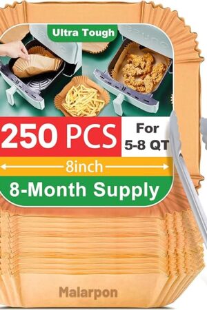 250 Pcs Air Fryer Liners Disposable 8 Inch Square - Paper Liner for 5-8 Qt, Non-Stick Oil-Resistant Parchment Paper for Ovens, Microwaves and Air Fryer Accessories