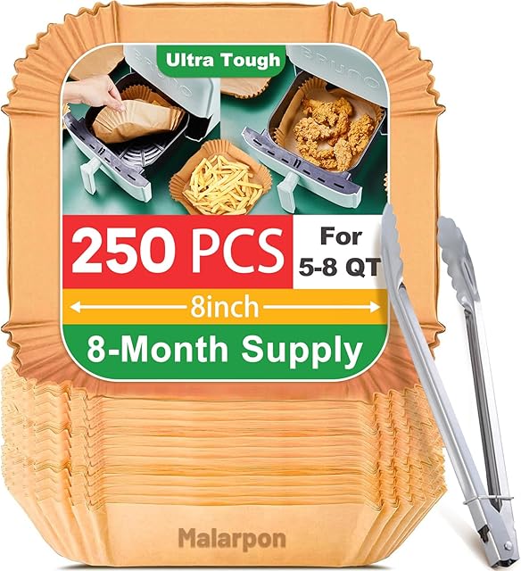 250 Pcs Air Fryer Liners Disposable 8 Inch Square - Paper Liner for 5-8 Qt, Non-Stick Oil-Resistant Parchment Paper for Ovens, Microwaves and Air Fryer Accessories
