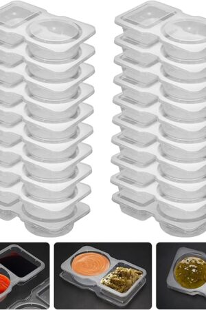 20 Set Reusable Snack Containers, 2-Compartment Dipping Containers with Lid for Refrigeration, Portion Control, Outdoor Takeaway Sauce Dip Case