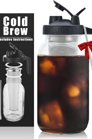 Cold Brew Mason Coffee Maker - 64oz Iced Coffee Pitcher with Stainless Steel Mixing Spoon & Super Dense Filter 3 Steps Finish Cold Brew Coffee, Classic BPA Free Sturdy Mason jar Pitcher Easy to Clean