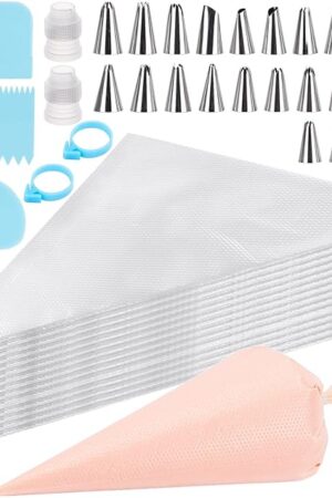 200 Pcs 12 Inch Piping Bags & 24 Tips Set, Cake Decorating Kit with Frosting Tips | Anti-Burst Pastry Bag, Scrapers & Couplers for Baking, Cupcakes, Cookies‌