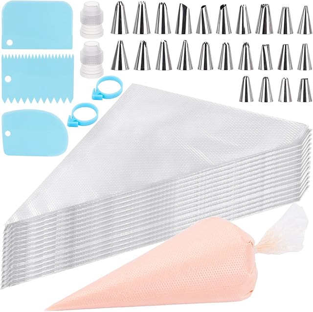200 Pcs 12 Inch Piping Bags & 24 Tips Set, Cake Decorating Kit with Frosting Tips | Anti-Burst Pastry Bag, Scrapers & Couplers for Baking, Cupcakes, Cookies