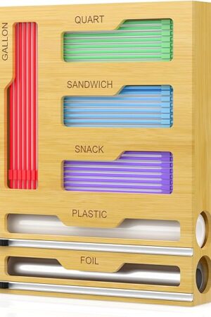 Bag Storage Organizer for Kitchen Drawer, 6 in 1 Foil and Plastic Wrap Dispenser with Cutter, Bamboo Plastic Bag Food Baggie Organizer for Gallon, Quart, Sandwich, Snack