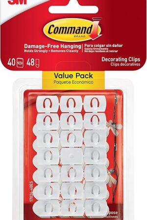Command Decorating Clips, 40 Clips and 48 Command Strips, Damage-Free Hanging Light Clips with Adhesive Strips, No Tools Small Wall Clips for Hanging Lights and Cables