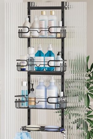 Consumest Over The Door Shower Caddy - 4 Tier Adjustable Hanging Shower Organizer Shelf with 2 Soap Holders & 22 Hooks, Rustproof Easy Installation Hanging Storage Rack for Bathroom, Black