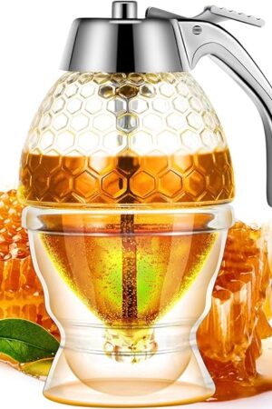 Acrylic Honey Dispenser with Stand Comb Shaped Honey Pot, No Drip Syrup and Sugar Jar Pot with High Capacity Pourer Dispenser