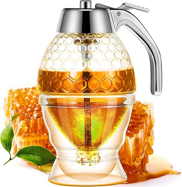 Acrylic Honey Dispenser with Stand Comb Shaped Honey Pot, No Drip Syrup and Sugar Jar Pot with High Capacity Pourer Dispenser