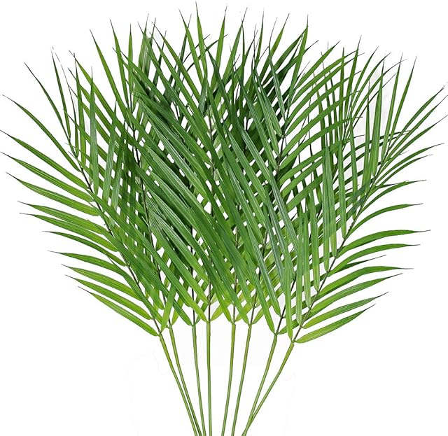 Artificial Areca Palm Leaves, 8 Pcs Faux Tropical Palm Tree Leaves Stems for Floral Arrangement, Hawaiian Luau, Jungle Beach Wedding Party Decor, 28 Inches Tall