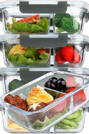 [5-Pack,36 Oz]Glass Meal Prep Containers 2 Compartments Portion Control with Upgraded Snap Locking Lids Glass Food Storage Containers, Microwave, Oven, Freezer and Dishwasher (4.5 Cups)