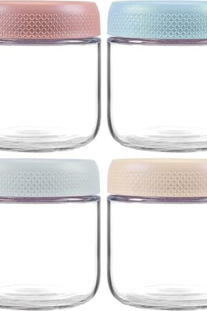 4 Pack Glass Clear Storage Canister with Airtight Lid, 12oz Overnight Oats Containers, Small Cute Decorative Pantry Jar for Snacks, Yogurt, Cereal, Fruit, Salad, Spice, Sugar, Coffee, Tea