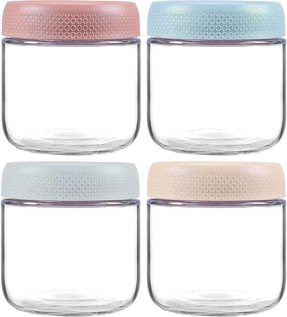 4 Pack Glass Clear Storage Canister with Airtight Lid, 12oz Overnight Oats Containers, Small Cute Decorative Pantry Jar for Snacks, Yogurt, Cereal, Fruit, Salad, Spice, Sugar, Coffee, Tea