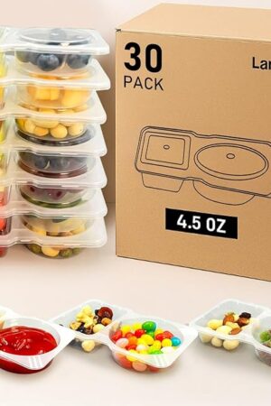 30 Sets Reusable snack containers with lids, Disposable Double Compartment Plastic Container for Sauce Snack,Condiment Container with Lid
