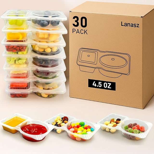 30 Sets Reusable snack containers with lids, Disposable Double Compartment Plastic Container for Sauce Snack,Condiment Container with Lid