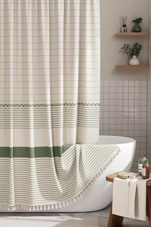 AmazerBath Boho Shower Curtain, Modern Farmhouse Shower Curtain Set with Tassels, Rustic Faux Linen Green Striped Shower Curtain with Hooks, Light Tan Toned, 72x72 Inches