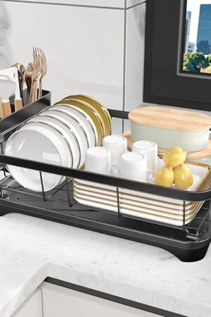 Dish Drying Rack for Kitchen Counter – Large Capacity Single Tier Dish Drainer with Utensil Holder & Cutlery Tray, Space Saving Countertop Organizer, Black