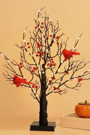 Vintage Glowing Tree with Cardinals, Aparntetit LED Vintage Glowing Tree, Operated by Battery Twinkle Trees Lamp with Lighted Branches, for Halloween, Christmas (Black)