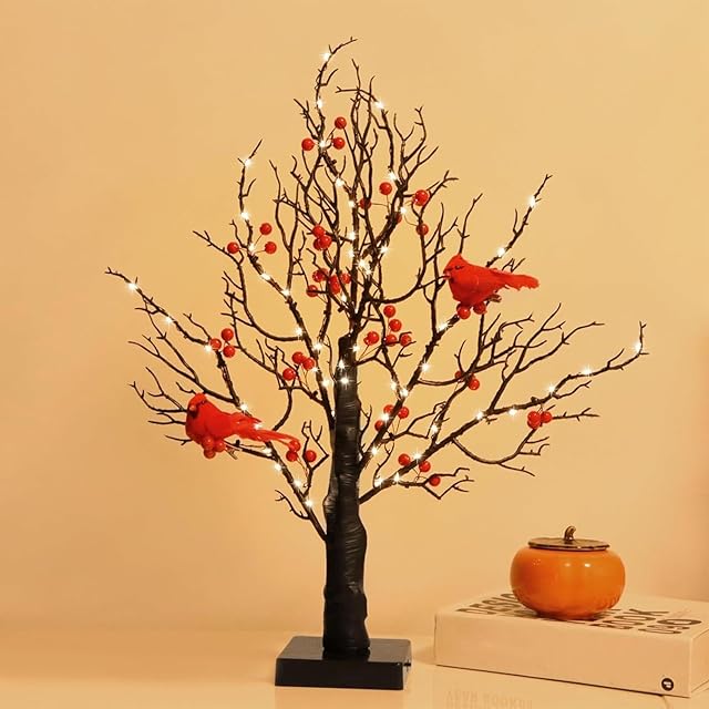 Vintage Glowing Tree with Cardinals, Aparntetit LED Vintage Glowing Tree, Operated by Battery Twinkle Trees Lamp with Lighted Branches, for Halloween, Christmas (Black)