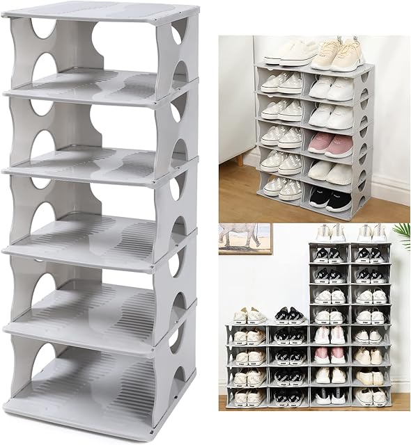 6-Tier Stackable Shoe Rack Storage Organizer Adjustable Rack Grey
