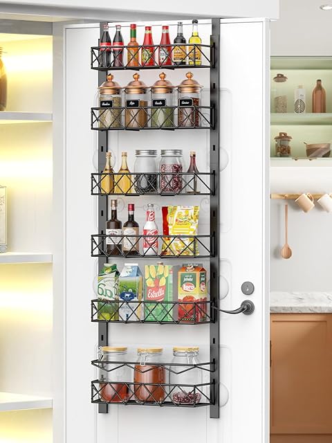 6-Tier Over the Door Pantry Organizer, Pantry Organizers and Storage, 6+1 Metal Hanging Wall Mount Spice Rack for Kitchen Behind the Door Storage Organizer with Adjustable Basket