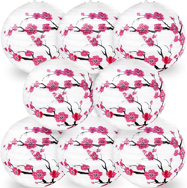 8Pcs Chinese Japanese Cherry Design Paper Lantern Lamp Shade for Japanese Restaurant Church Wedding Gift Party Favors DIY Decoration Oriental Style Light Restaurant (A. 8 Rose Red Paper Lamp)
