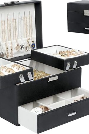 Dajasan Jewelry Boxes for Women Girls, Jewelry Organizer Box, 3 Layers Jewelry Storage Organizer for Earring, Ring, Necklace, Bracelets (Black)