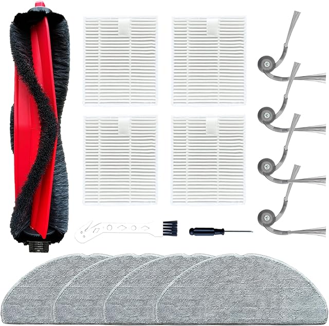 Replacement Parts Kit for Roborock Q7 M5, Q7 M5+ Series Vacuum Robot Accessories, 1 Main Roller Brush, 4 Side Brushes, 4 Hepa Filters, 4 Mop Pads, 1 Screwdriver, 1 Clean tool