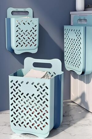 Wall-mounted Collapsible Laundry Basket, Tall Plastic Hamper for Dirty Clothes, Punch-free Storage Bins with Soft Handle, for Organizing Home, Clothes, Towels, Blanket, Toys (blue, l)