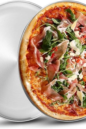 Deedro Stainless Steel Pizza Pan, 13 inch Round Pizza Baking Sheet, Healthy Pizza Baking & Serving Tray, Crisper Pan with Dishwasher Safe 2 Pack