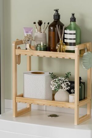 AmazerBath Bamboo Over The Toilet Storage Shelf - 2-Tier Bathroom Organizers and Storage Shelves, 2 in 1 Dual Stable Above Over Toilet Bamboo Shelf Home Storages Rack for Small Bathroom, Space Saver