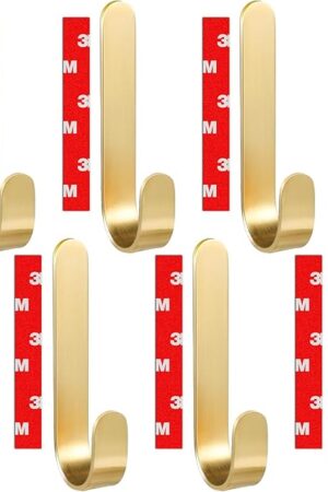 6 Self Adhesive Wall Hooks for Hanging Towels | Nailless Hooks for Shower Tile, Damage Free, Multi Purpose [Stronger Adhesive] (Gold)