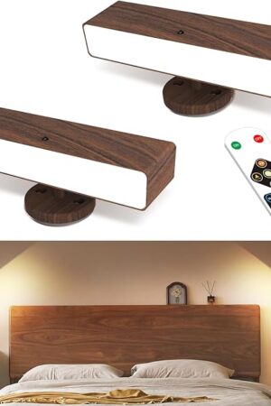 Battery Operated Wall Sconces Set of 2: Wireless Rechargeable Wall Light with Remote&Button, 360° Rotate Magnetic Scone Lighting LED Wall Mount Sconce Lamp for Bedroom Bedside Reading, Wood