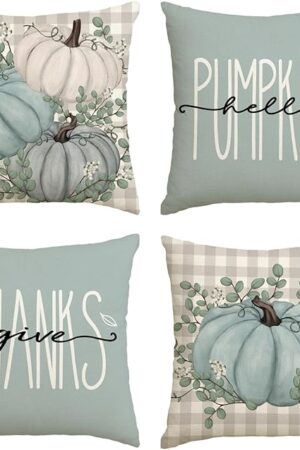 AVOIN colorlife Hello Pumpkin Give Thanks Throw Pillow Covers 18x18 Set of 4, Fall Autumn Thanksgiving Eucalyptus Leaves Harvest Decoration for Home