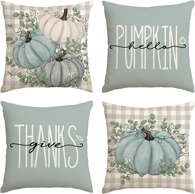 AVOIN colorlife Hello Pumpkin Give Thanks Throw Pillow Covers 18x18 Set of 4, Fall Autumn Thanksgiving Eucalyptus Leaves Harvest Decoration for Home