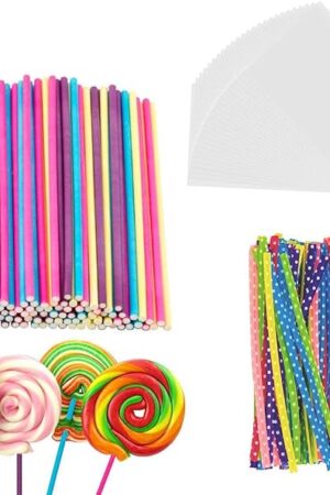 BEFORYOU 6 Inch Cake Pop Sticks Set Pack of 300, Each of 100 Pieces Parcel Bags, Colorful Treat Sticks, Colorful Metallic Wire for Lollipops Candies Chocolates and Cookies